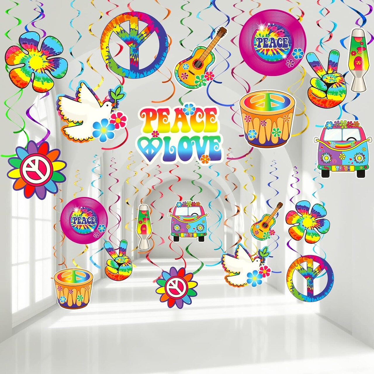 30-Piece 60s & 70s Hippie Party Decorations Set with Groovy Retro Peace Sign and Flower Cutouts, Foil Hanging Swirls for Ceiling Décor, Ideal for Hippie-Themed Birthdays and Retro Parties